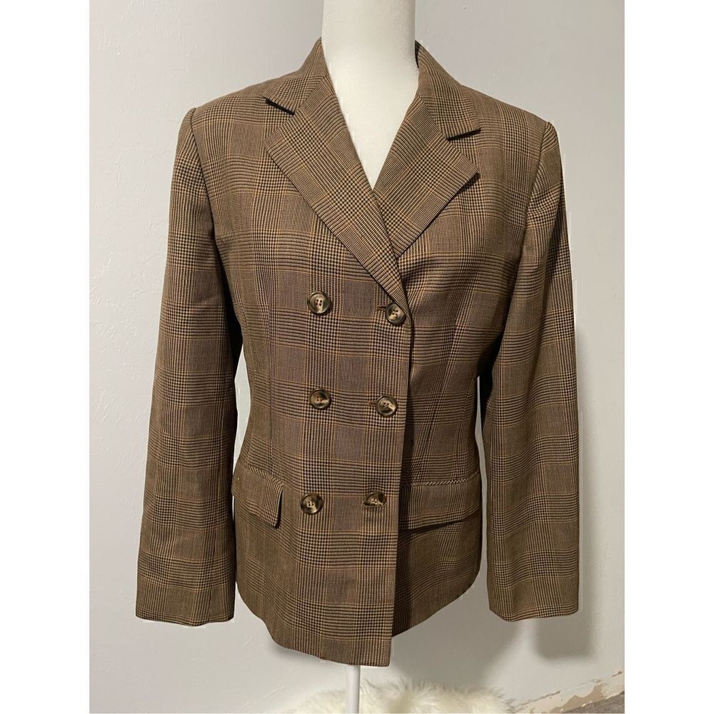 Talbots brown glen plaid double breasted wool academia blazer 8